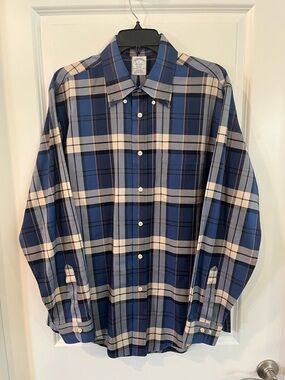 Brooks Brothers Blue and Cream Plaid Regent Fit Button-Down Shirt